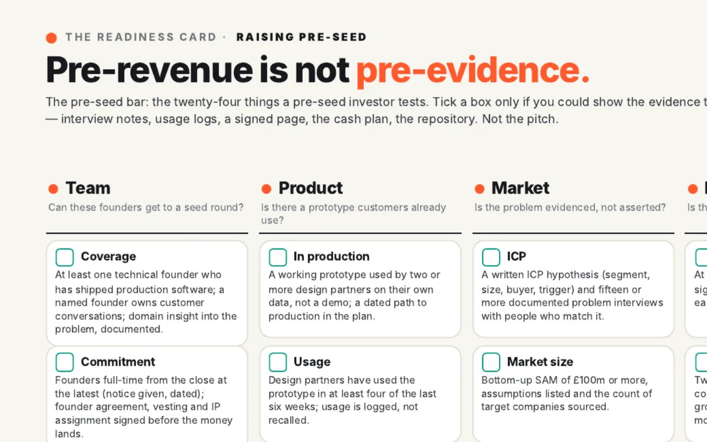 Close up: the first checks for team, product and market