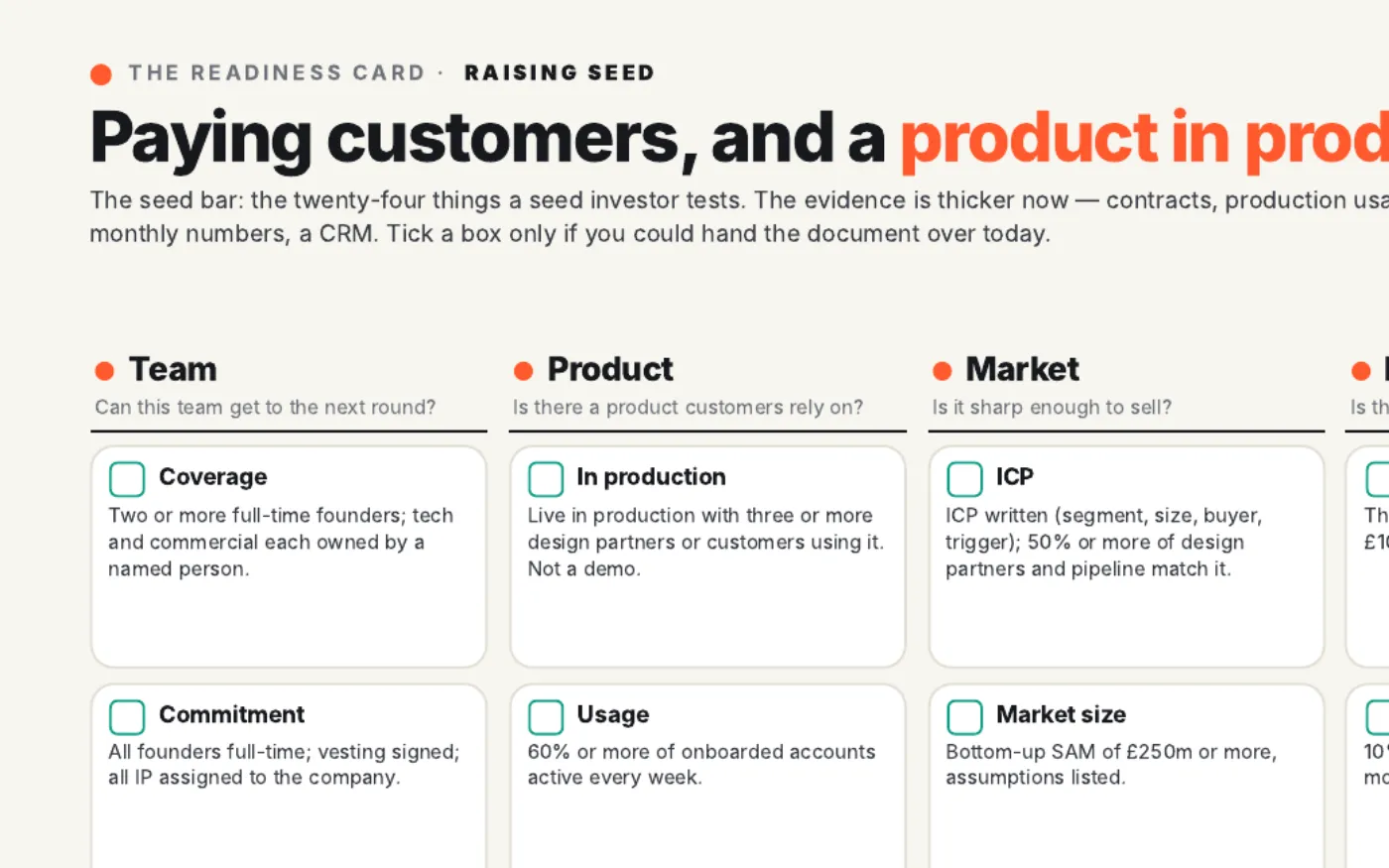 Close up: the first checks for team, product and market